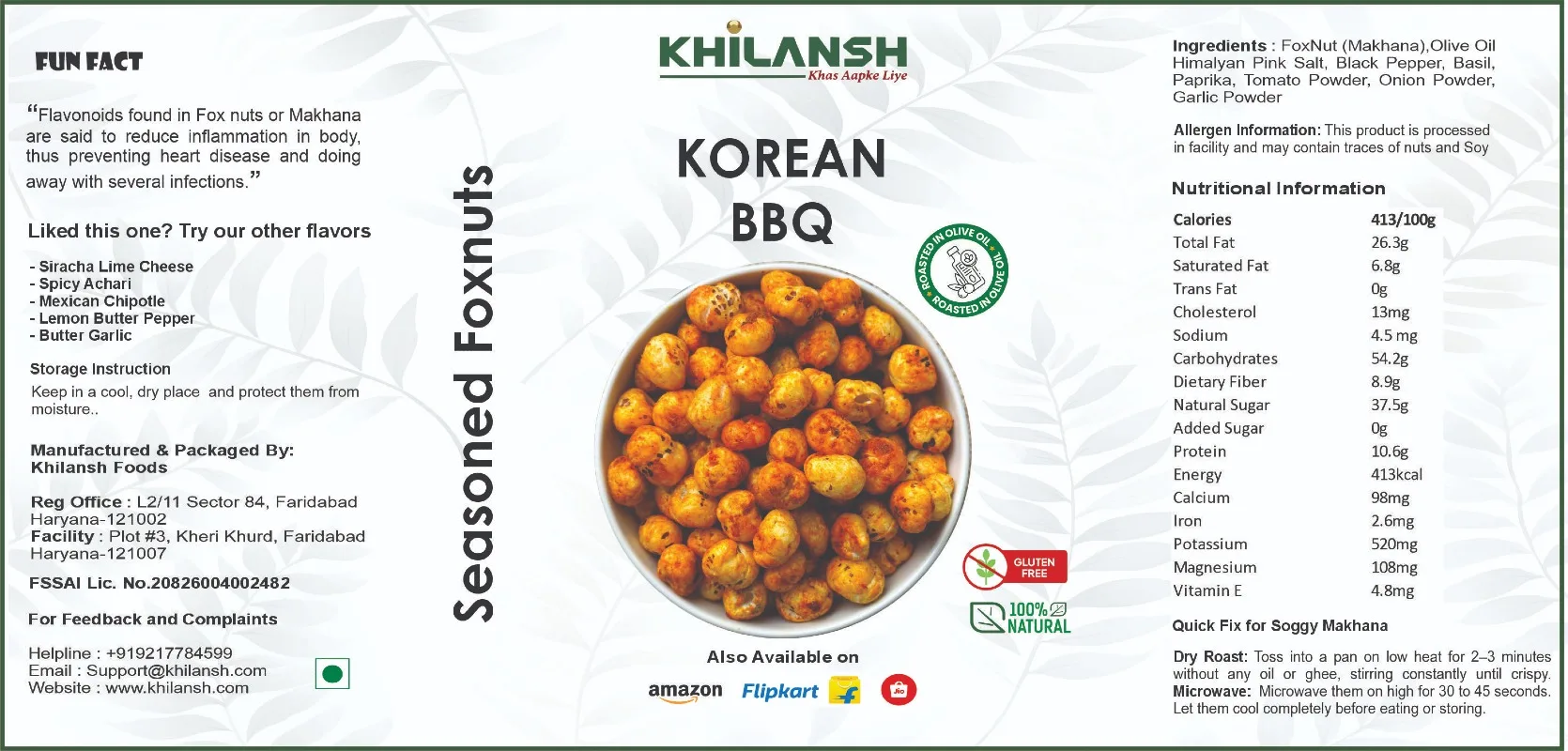 Healthy Korean BBQ Roasted Makhana (70gm) | Low-Calorie & High-Protein Crunchy Snack | Gluten-Free & Naturally Roasted