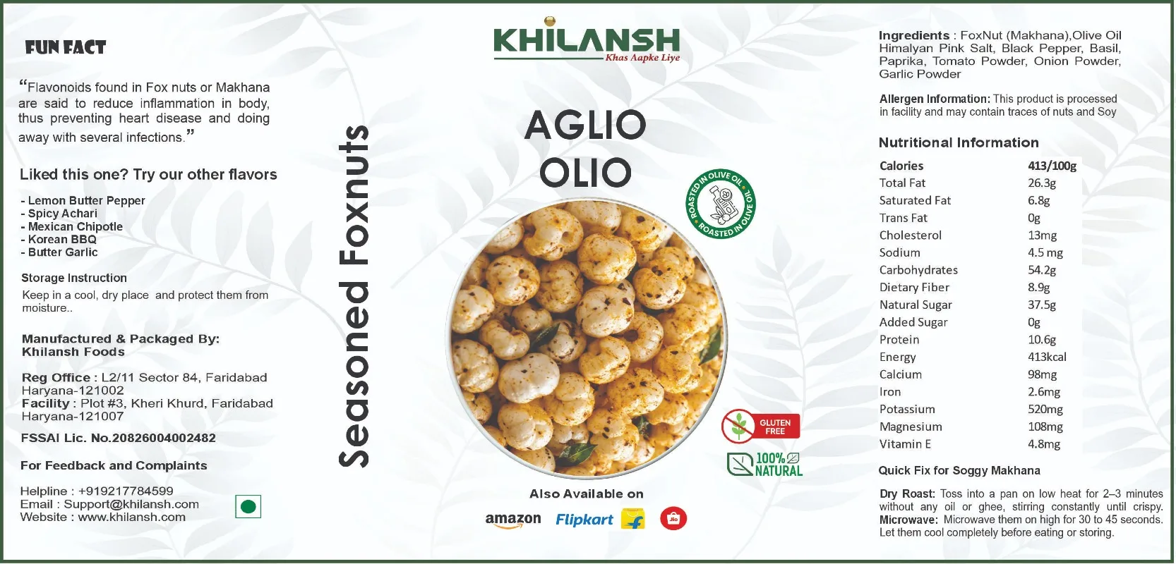 Healthy Aglio Oilo Roasted Makhana (70gm) | Low-Calorie & High-Protein Crunchy Snack | Gluten-Free & Naturally Roasted