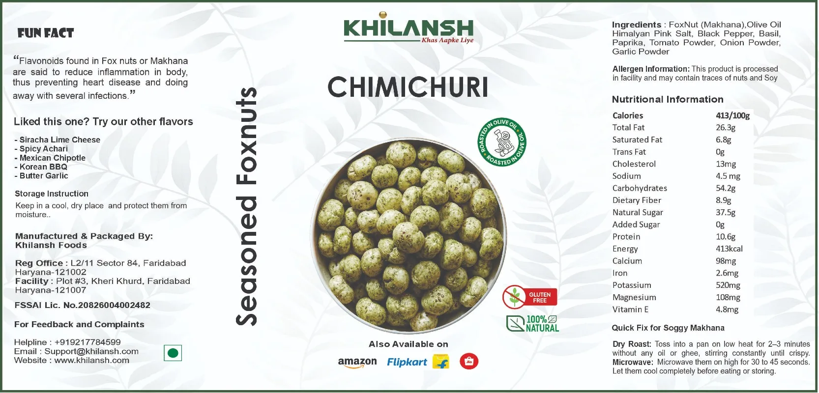 Healthy Chimi Churri Roasted Makhana (70gm) | Low-Calorie & High-Protein Crunchy Snack | Gluten-Free & Naturally Roasted