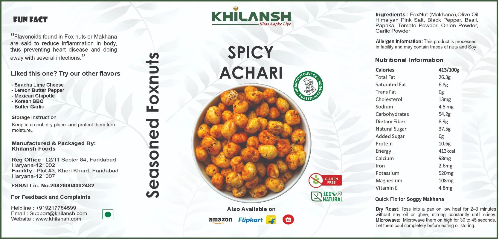 Healthy Spicy Achari Roasted Makhana (70gm) | Low-Calorie & High-Protein Crunchy Snack | Gluten-Free & Naturally Roasted