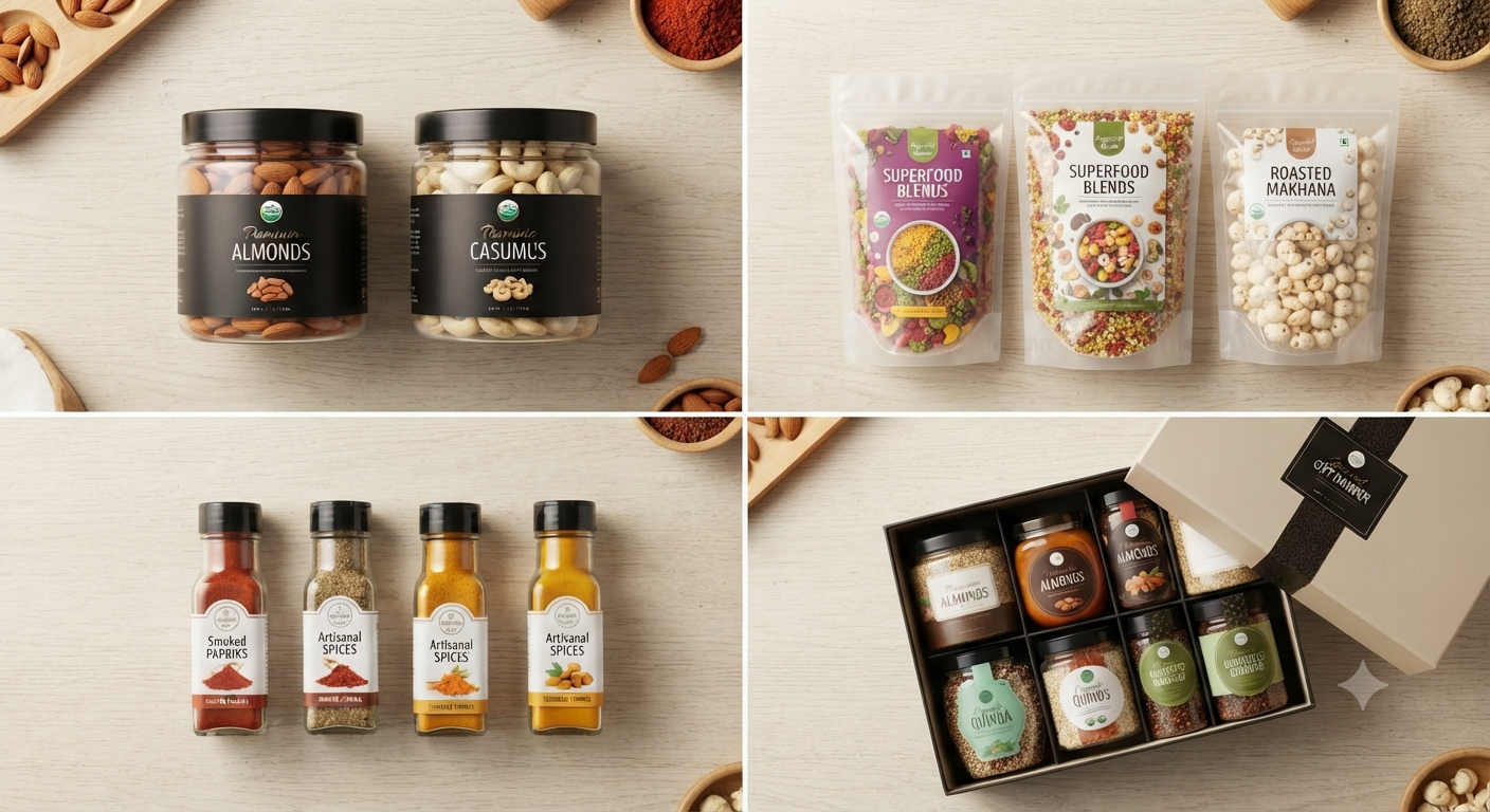 Overhead flat lay of four Khilansh product categories: dry fruits, superfood pouches, spice jars, and a luxury gift hamper.